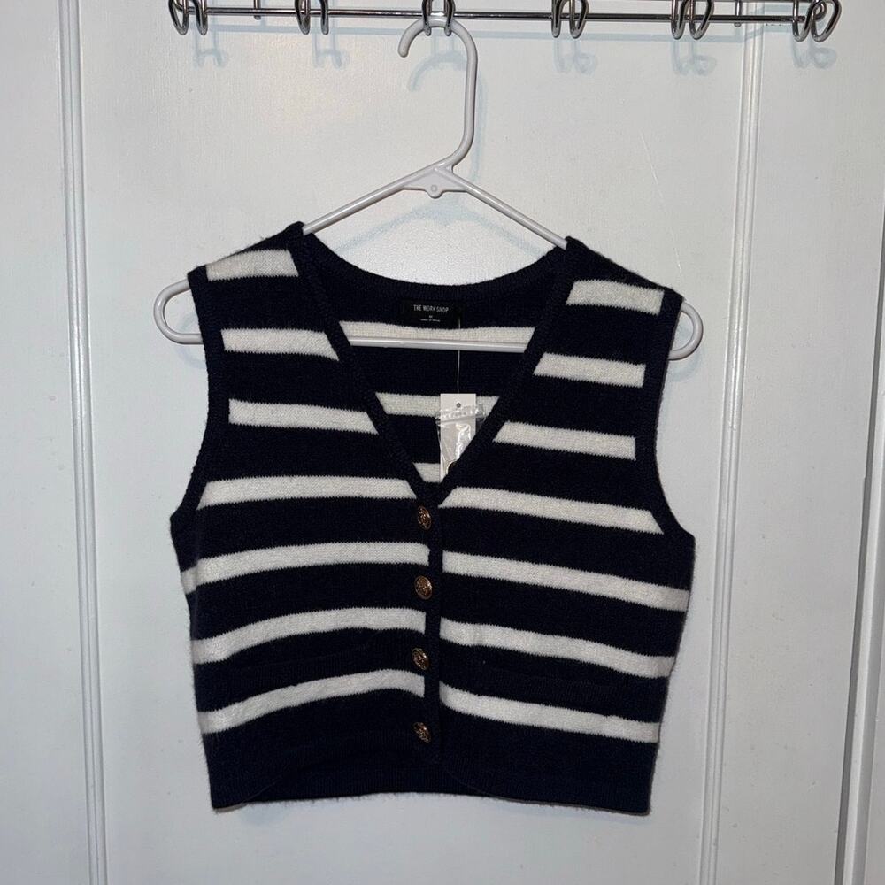New The Workshop Gold Button Down Fuzzy Navy Striped Vest size M